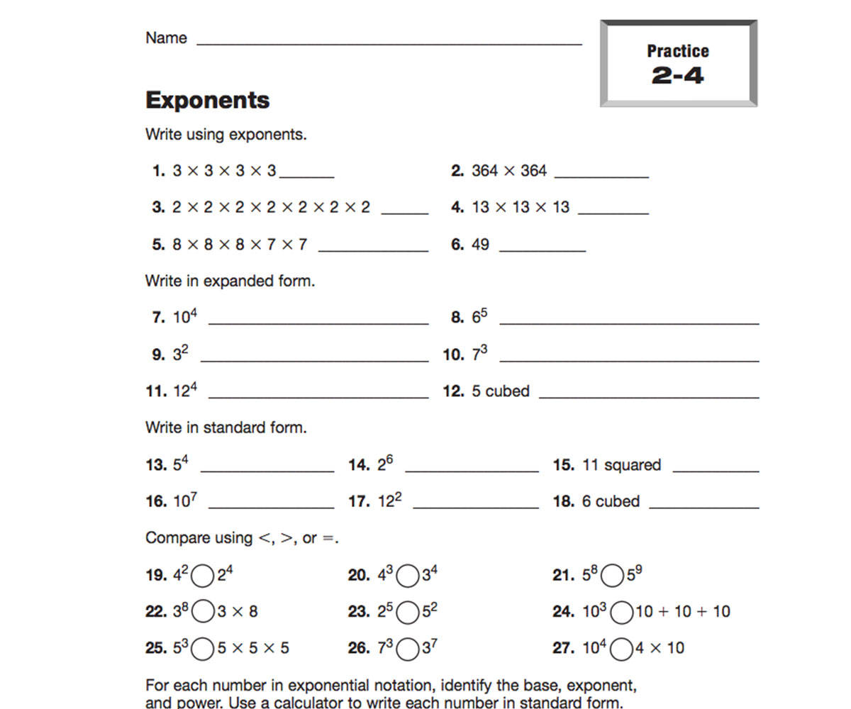 Patterns in Numbers - Using Exponents Printable (5th - 6th Grade