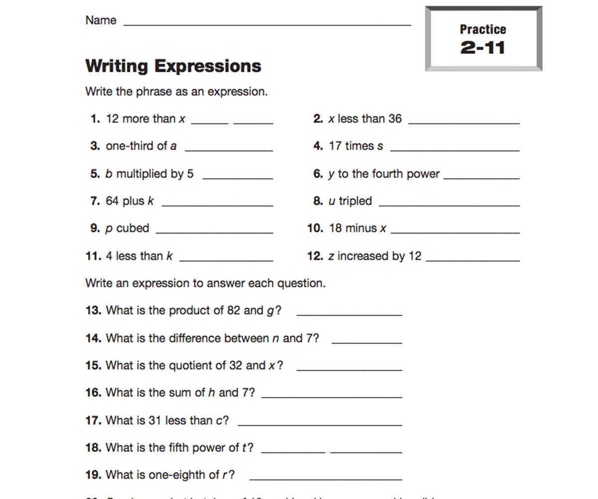Writing Algebraic Expressions Worksheet