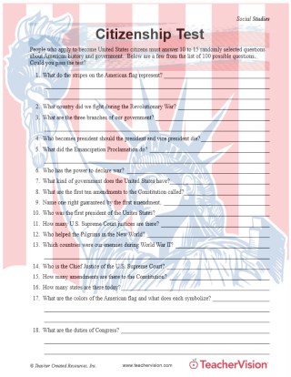 Citizenship Test Printable (3rd - 5th Grade) - TeacherVision