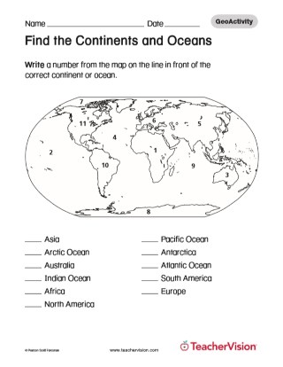 Continents And Oceans Worksheet Pdf Find The Continents And Oceans (Geography Printable, 1St-8Th Grade) -  Teachervision