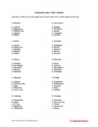 States And Capitals Quiz Printable Grades 5 8 Teachervision