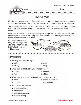 healthy food reading passage questions nutrition printable grades 1 2 teachervision