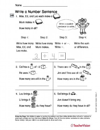 Number Sentence Worksheets Grade 1