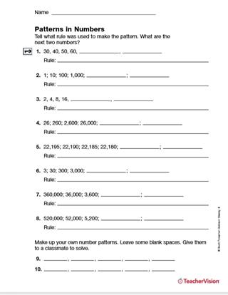 patterns in numbers guess the rule printable 4th grade teachervision