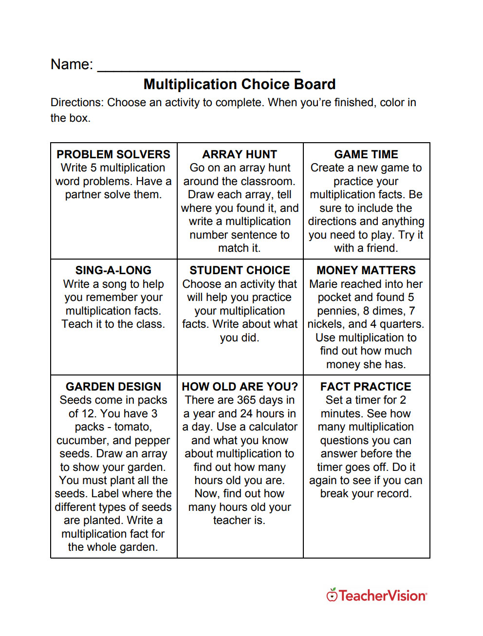 A choice board with nine activities for practicing multiplication
