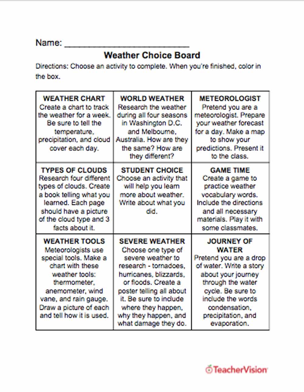 Weather Choice Board Teachervision