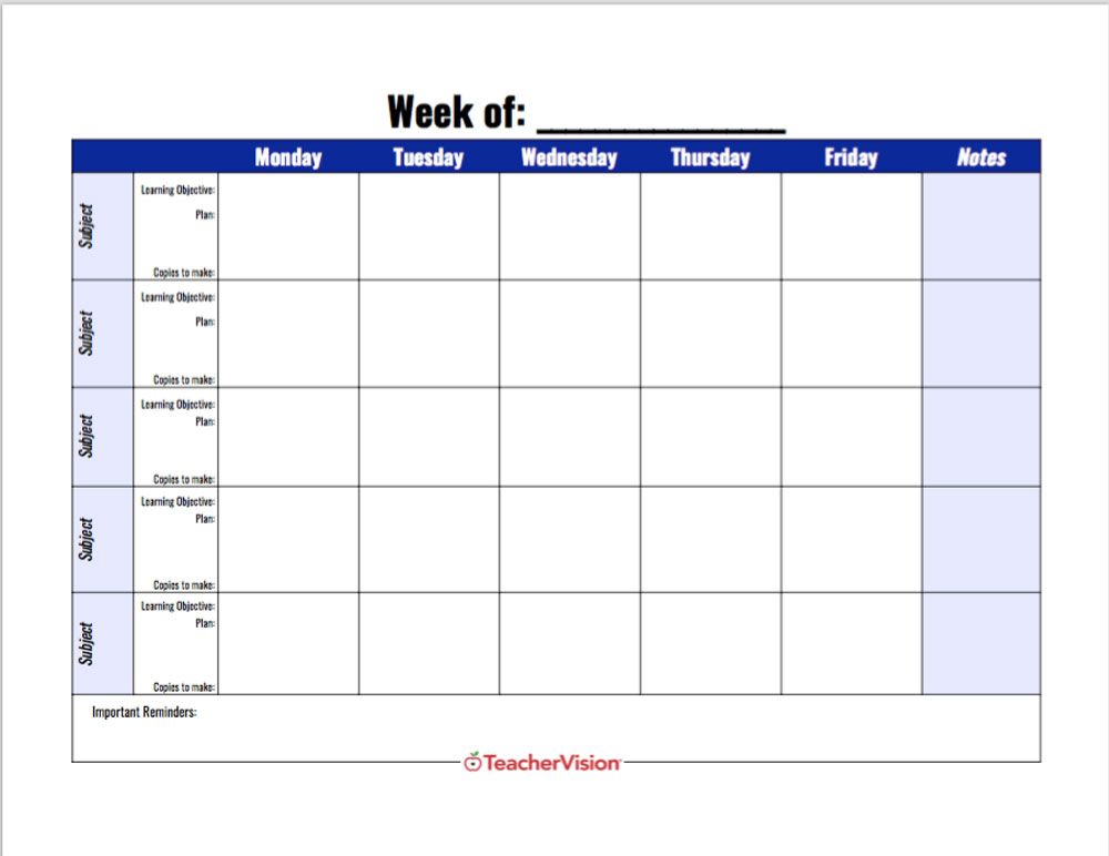 printable teacher lesson planner template