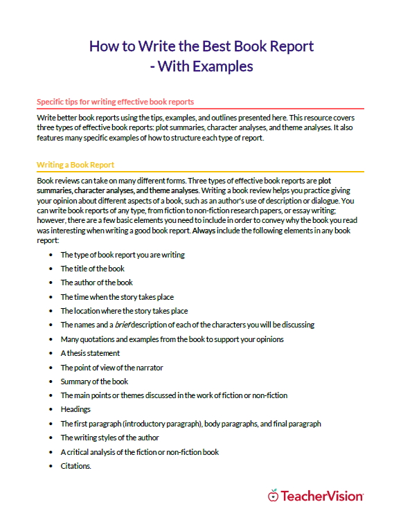 book report example college pdf
