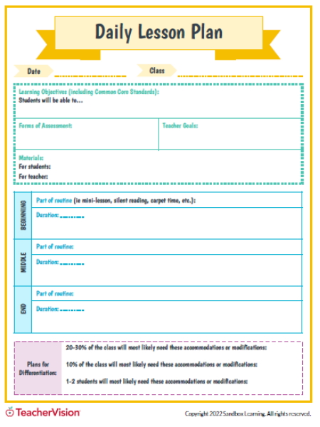 Free Printable Daily Lesson Plan Template - TeacherVision