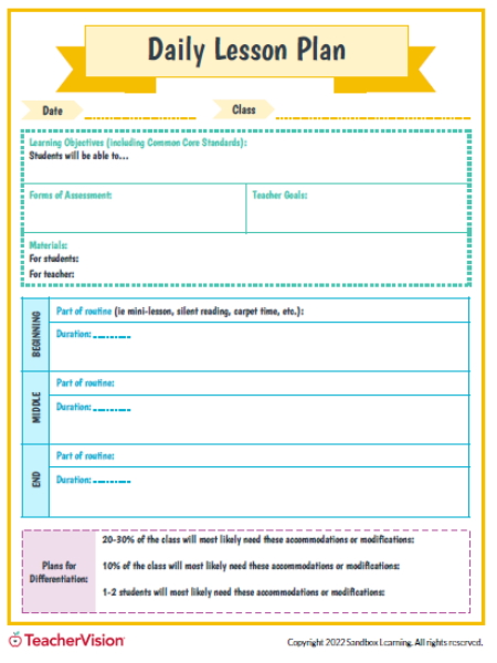 Free Printable Daily Lesson Plan Template TeacherVision