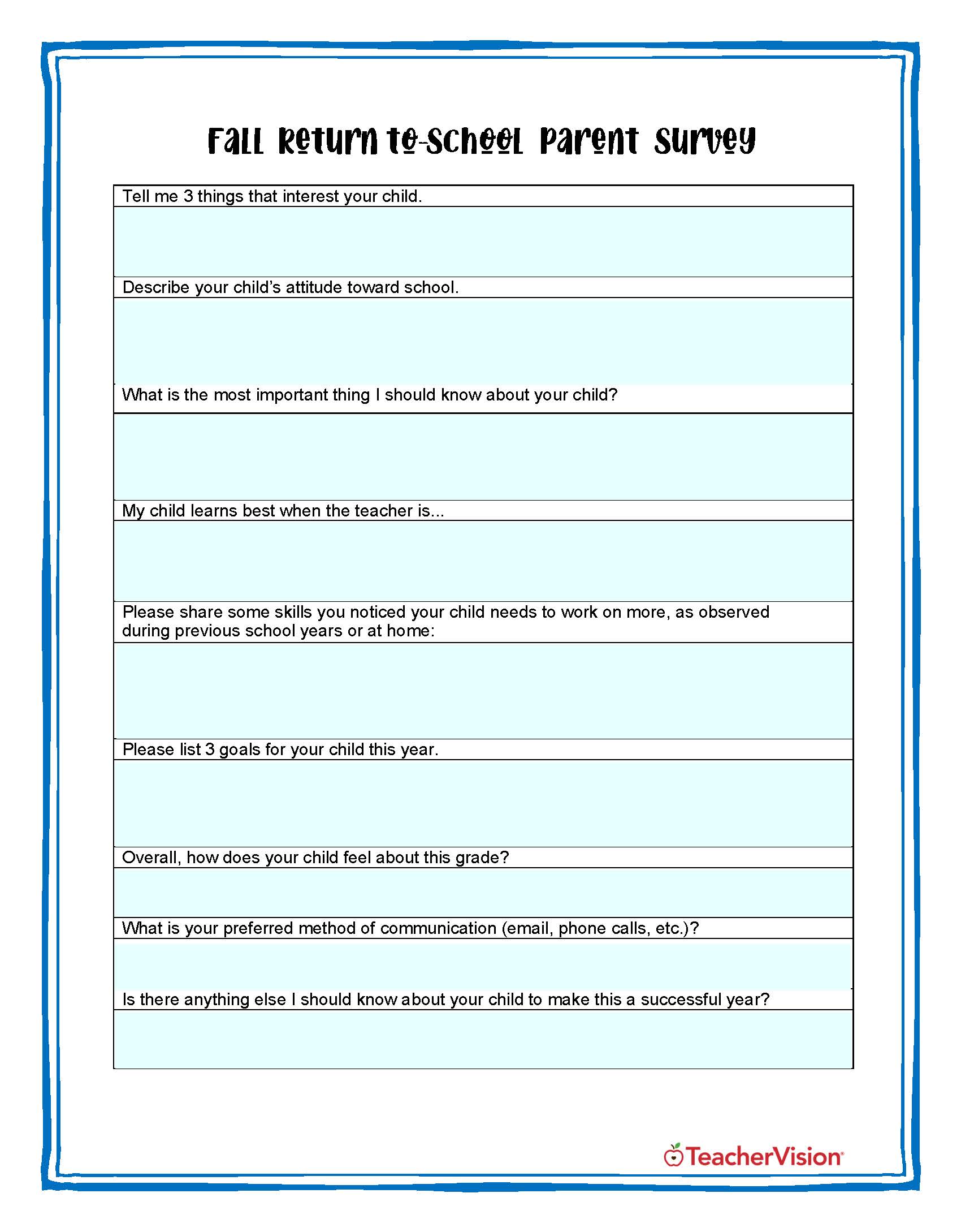 Editable Parent Questionnaire for Back to School 