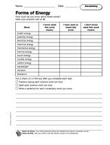forms of energy vocabulary printable 5th grade teachervision