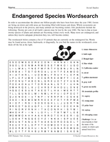 endangered species wordsearch printable 3rd 5th grade teachervision