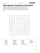 word search countries of the world printable 3rd 8th