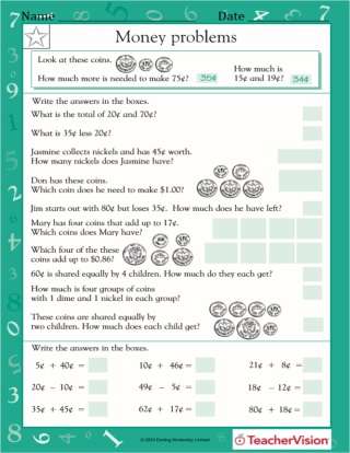 money dollars and cents worksheet grade 2 teachervision