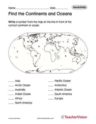 Find The Continents And Oceans Geography Printable 1st 8th Grade Teachervision