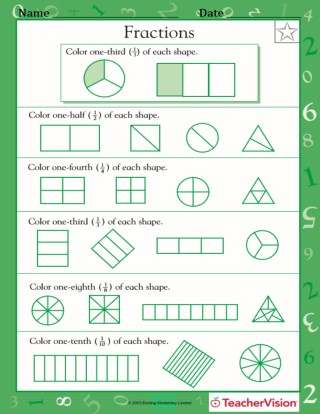 fractions of shapes 1 2 1 4 1 3 1 8 1 10 worksheet grade 1 teachervision