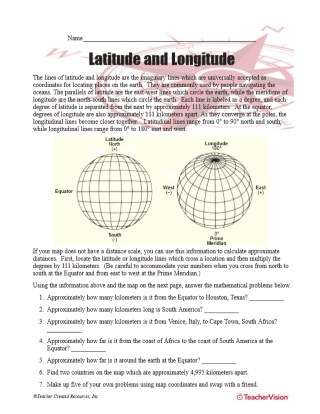 latitude and longitude geography printable 5th 8th grade teachervision