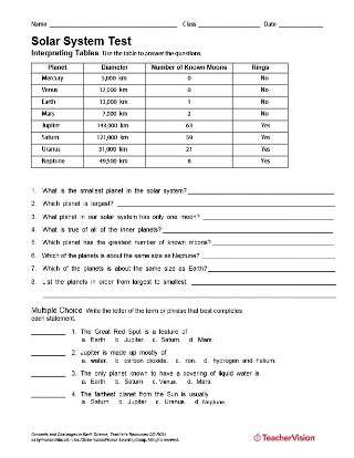 solar system test space science printable 6th 12th grade teachervision