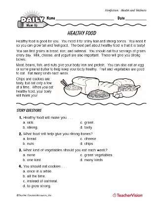 healthy food reading passage questions nutrition printable grades 1 2 teachervision