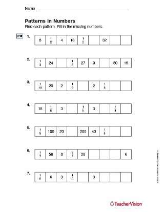 patterns in numbers fractions printable 5th grade teachervision