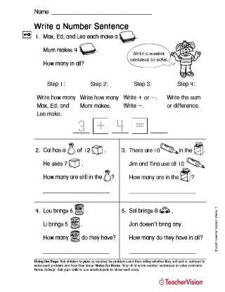 write a number sentence printable 1st grade teachervision