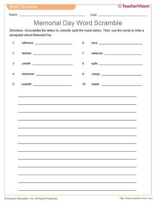 memorial day word scramble civic holidays printable grades 2 5 teachervision