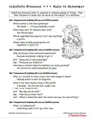 indefinite pronouns printable 4th 6th grade teachervision