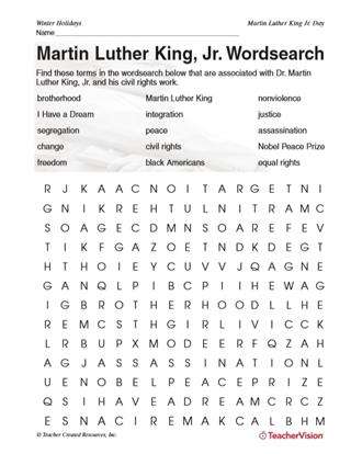 martin luther king jr wordsearch black history month printable grades 3 5 teachervision