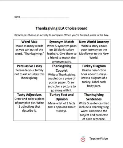 An ELA Thanksgiving themed choice board