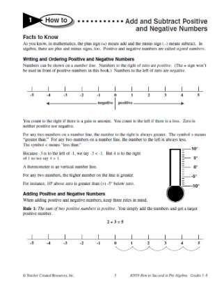 pre algebra add and subtract positive and negative numbers worksheet grade 5 8 math teachervision