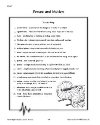 forces and machine vocabulary list and crossword 5th grade science worksheet teachervision