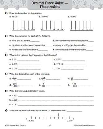 decimals practice worksheet packet for 6th grade math teachervision