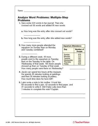 multiple step word problems addition subtraction printable 4th grade teachervision