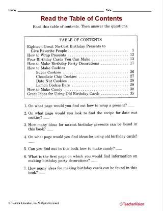 read the table of contents printable 2nd 3rd grade teachervision