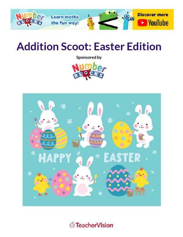 18 Easter Addition Cards, Worksheet and Answer Key