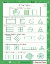 Fractions Of Shapes 1 2 1 4 1 3 1 8 1 10 Worksheet Grade 1 Teachervision