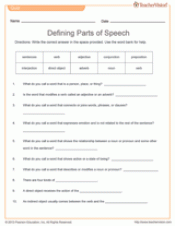 quiz speech parts defining printable teachervision
