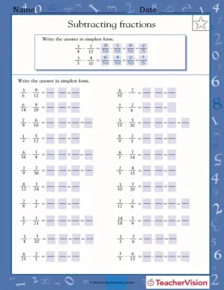 Renaming & Subtracting Fractions Worksheet (Grade 4) - TeacherVision