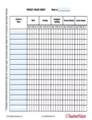 Weekly Grade Sheet (Customizable Printable) - TeacherVision