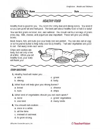 Healthy Food Reading Passage & Questions | Nutrition Printable, Grades ...