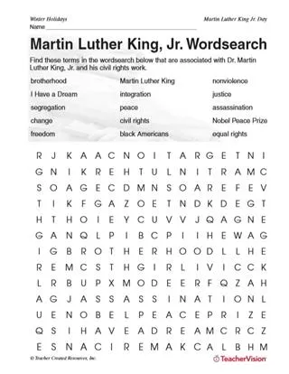 Martin Luther King Jr. Wordsearch: Black History Month Printable ...