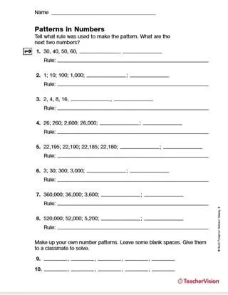 Patterns in Numbers: Guess the Rule Printable (4th Grade) - TeacherVision