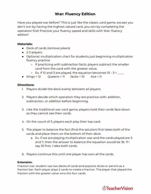 Math Fluency Game: War - TeacherVision