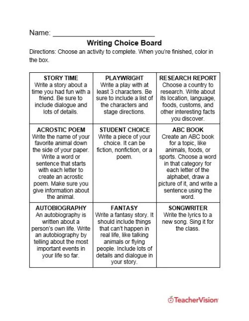 Writing Choice Board - TeacherVision