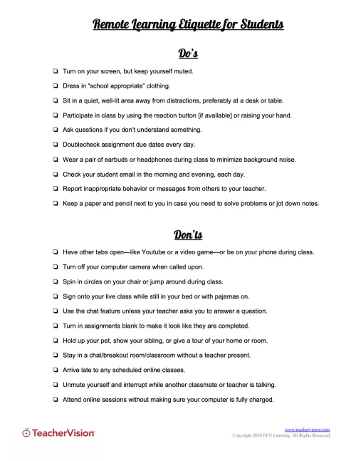 Remote Learning Etiquette Handout for Students - TeacherVision