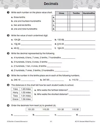 Decimals Practice Worksheet Packet for 5th Grade Math - TeacherVision