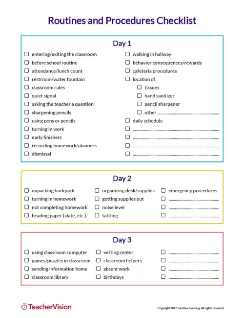 Back to School Procedures Checklist - TeacherVision